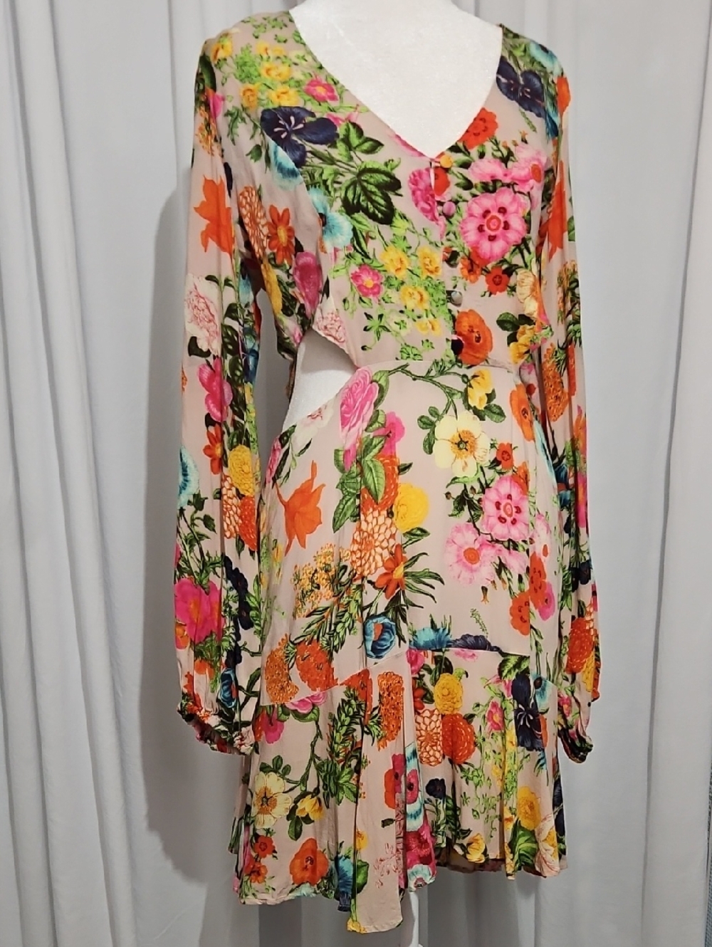 FARM Rio Tropical Floral Print Long Sleeve Mini Dress - Size G (Large) - Picture 2 of 10